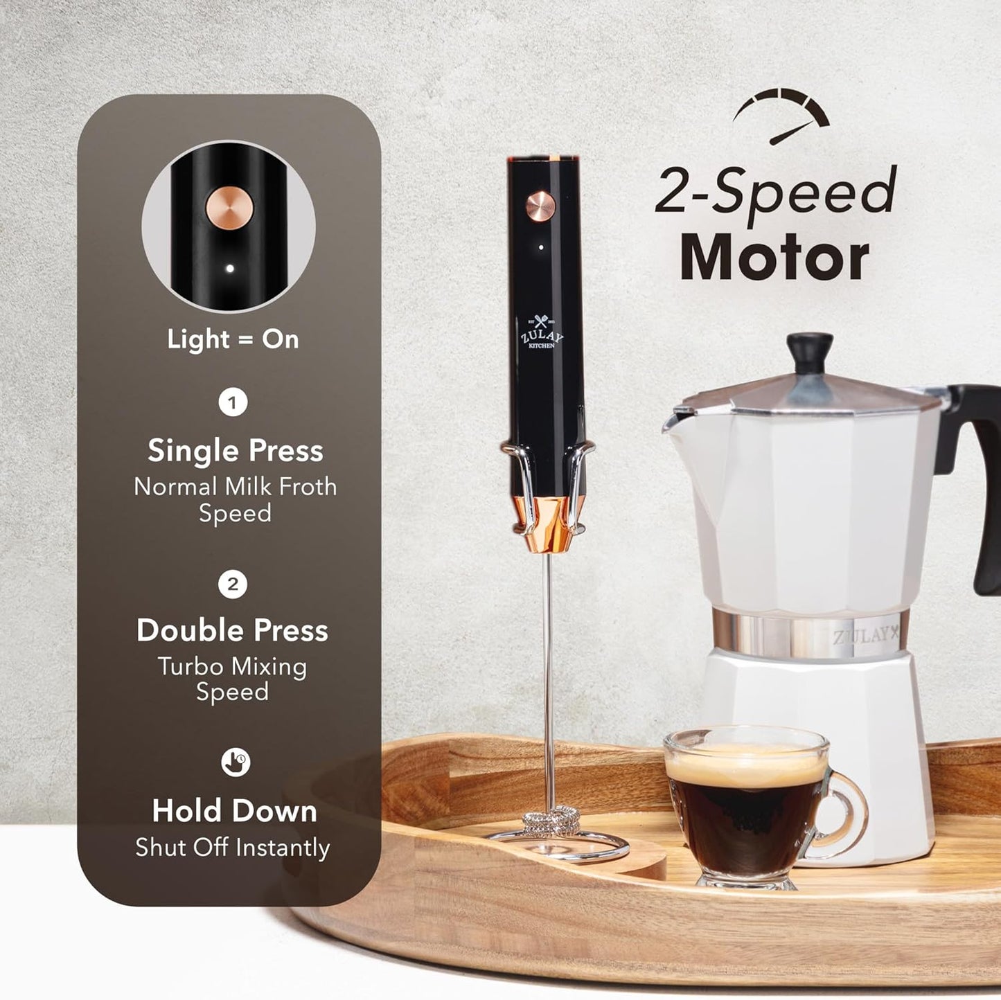 Zulay Kitchen Rechargeable Milk Frother - Powerful 2-Speed Mixer with 4 Whisks, Waterproof, 2000mAh Battery - Dark Copper for Lattes & Cappuccinos