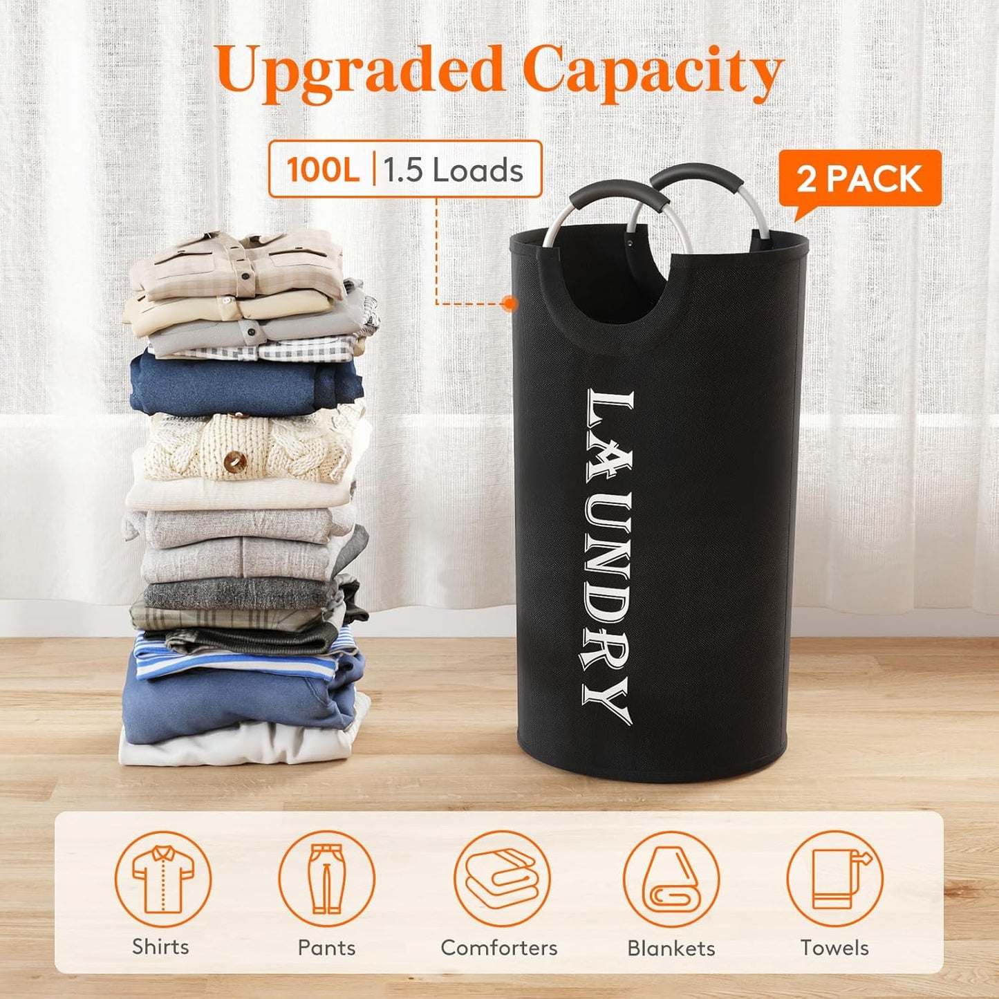 Lifewit Large Collapsible Laundry Basket - 100L Capacity, Waterproof Design, Black | 2-Pack