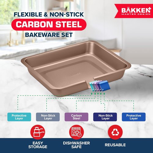 BAKKEN 6-Piece Baking Pan Set | Commercial Grade Carbon Steel, Nonstick & Space-Saving Design, Oven Safe Up To 450°F, Brown