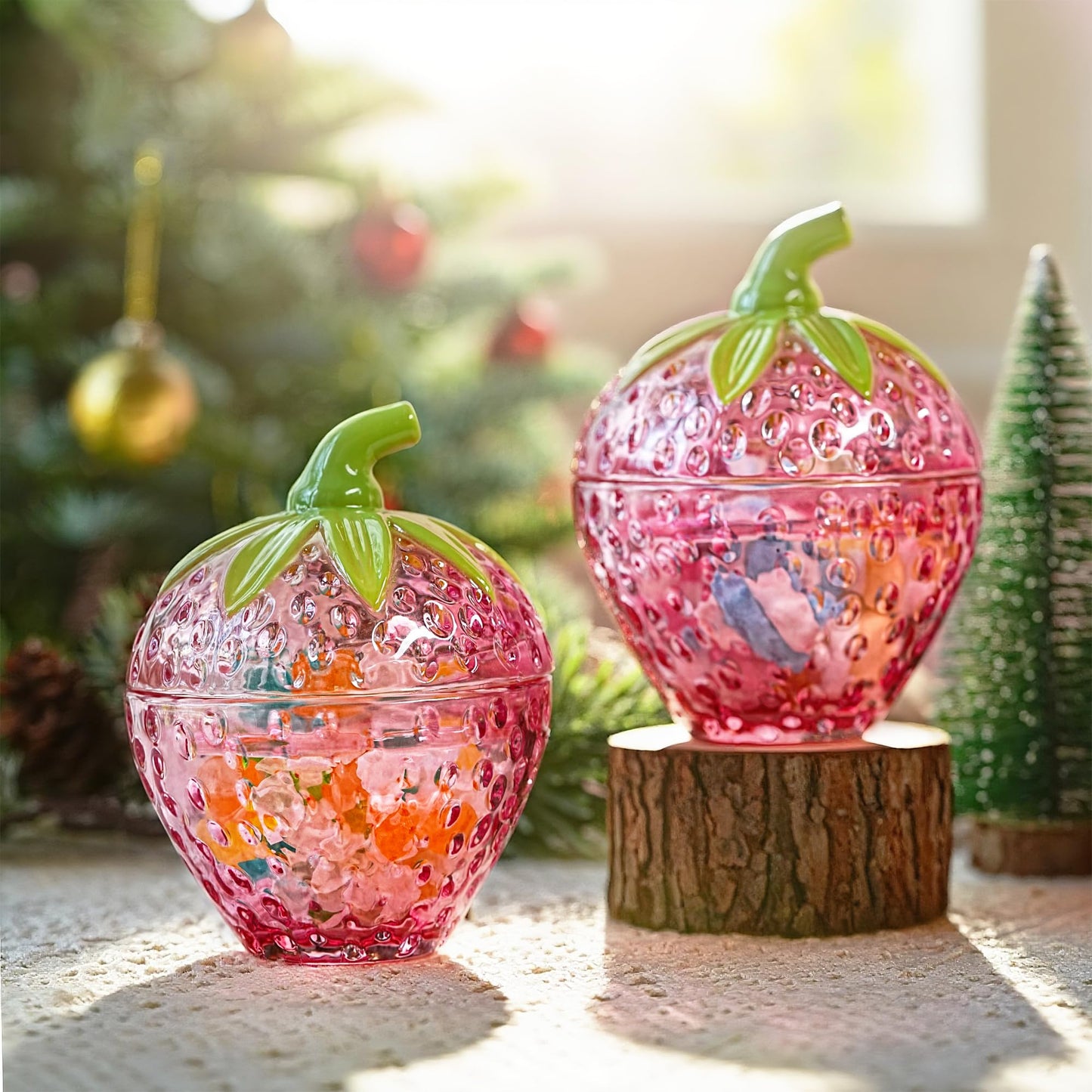 kanpura Pink Strawberry Candy Jar with Lid Small Cute Crystal Candy Dish Set of 2 Glass Decorative Container for Sugar, Cookie, Nuts Valentines Day Gift for Women (3.5 oz)