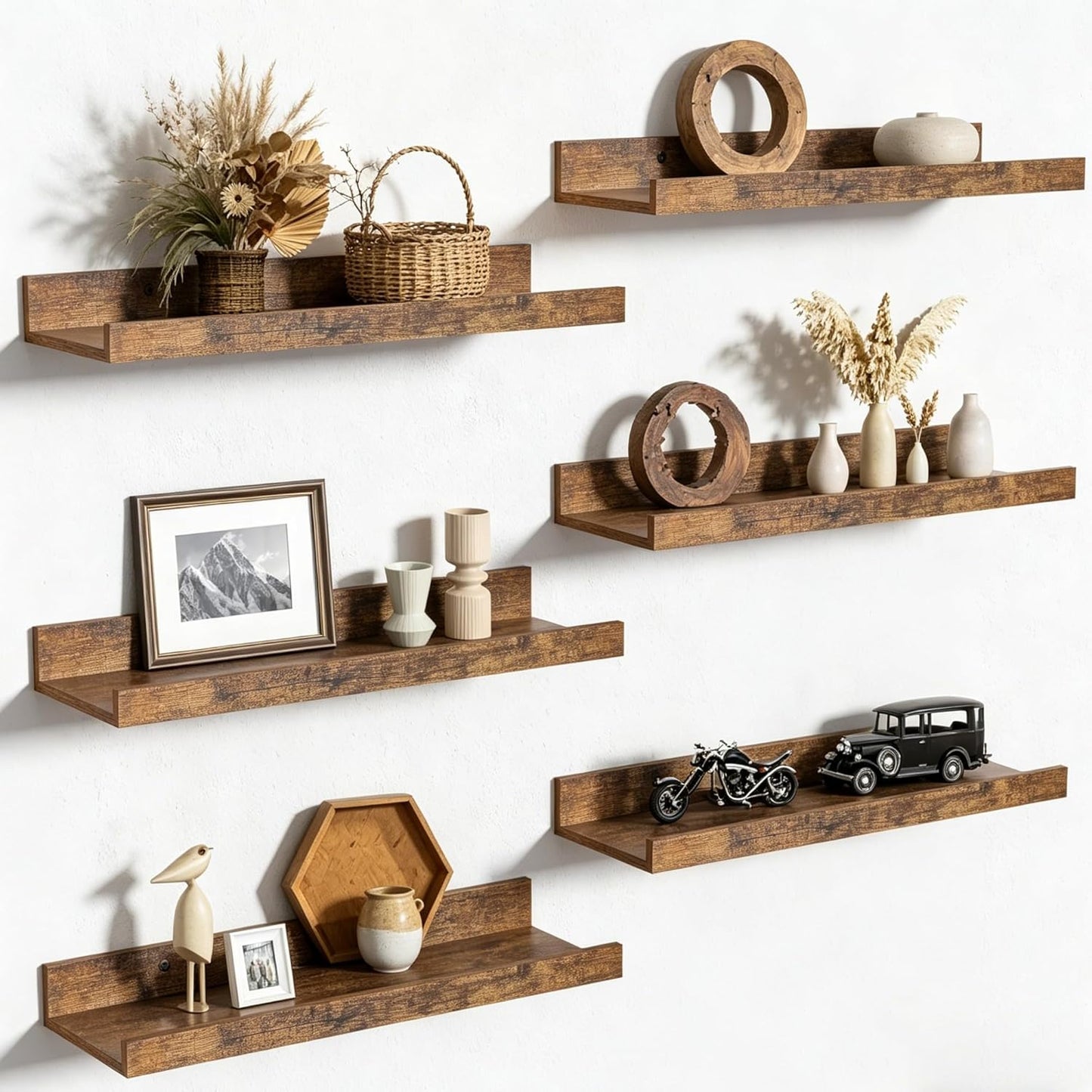Upsimples Floating Wall Shelves - Set of 6 Decorative Wood Shelves for Bedroom, Living Room, Bathroom & Kitchen - Brown