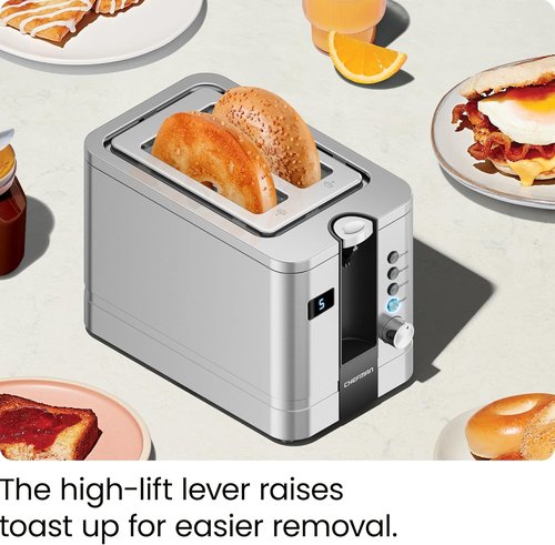 Chefman 2-Slice Digital Toaster - Stainless Steel with Extra-Wide Slots for Bagels | Defrost & Reheat Functions