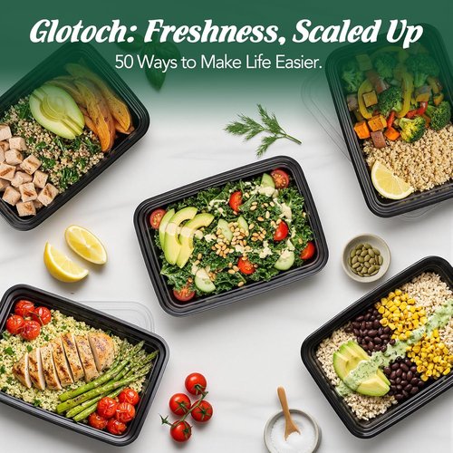 Glotoch Meal Prep Containers - 32oz 50-Pack | Reusable Plastic Bento Boxes for Portion Control, Microwave Safe