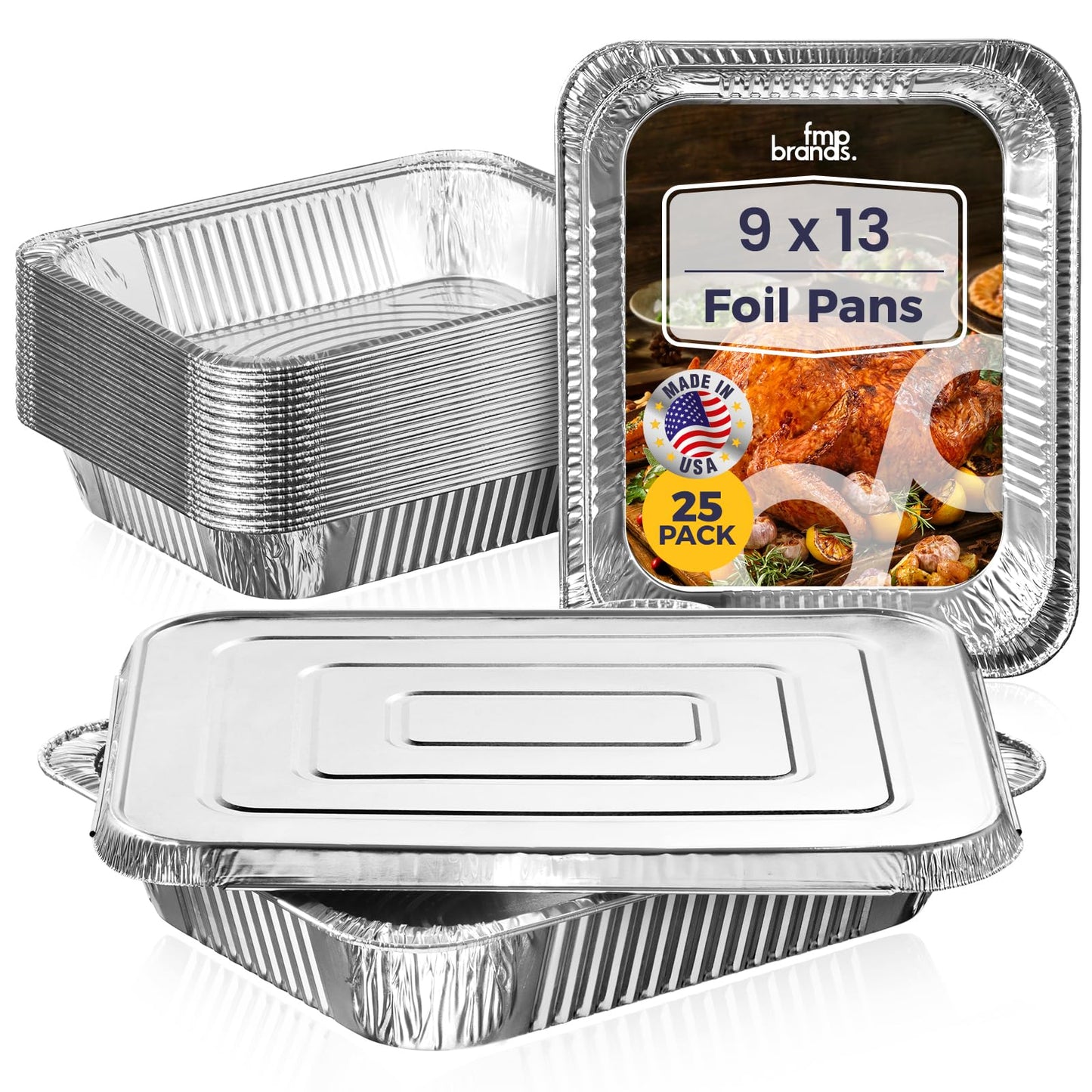Fit Meal Prep 25 Pack 9x13 Aluminum Foil Pans with Lids - Heavy Duty Half Size Baking Pans Disposable for Roasting, Cooking, Serving, and Freezing - Tin Pan Trays for Buffet and Food Storage