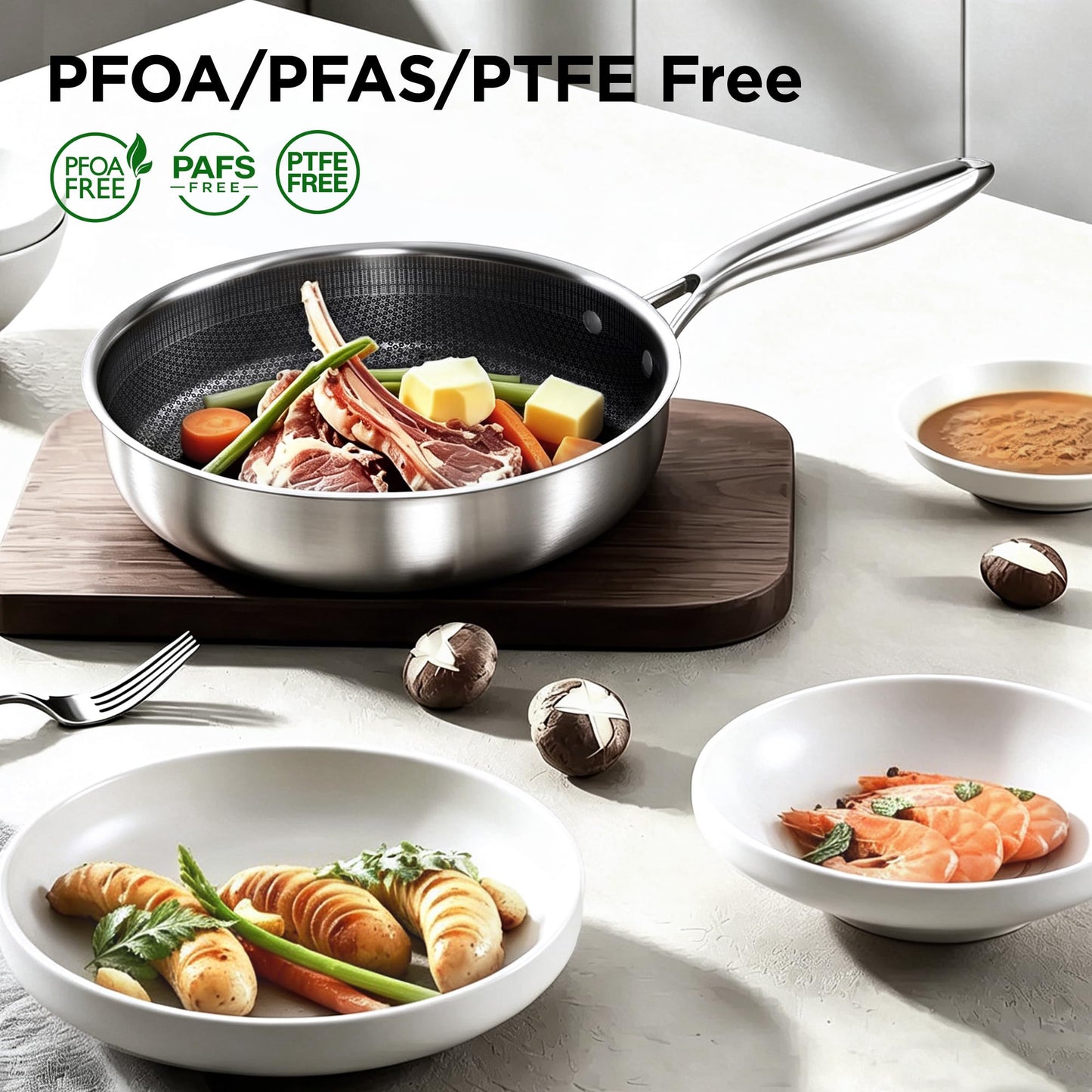 COOKER KING 3.6-Quart Hybrid Stainless Steel Sauté Pan with Lid, 10" Tri-Ply Clad Deep Frying Pan, Non-Stick & Non-Toxic Skillet for Egg, Cake, Seafood, Induction Compatible, Oven & Dishwasher Safe
