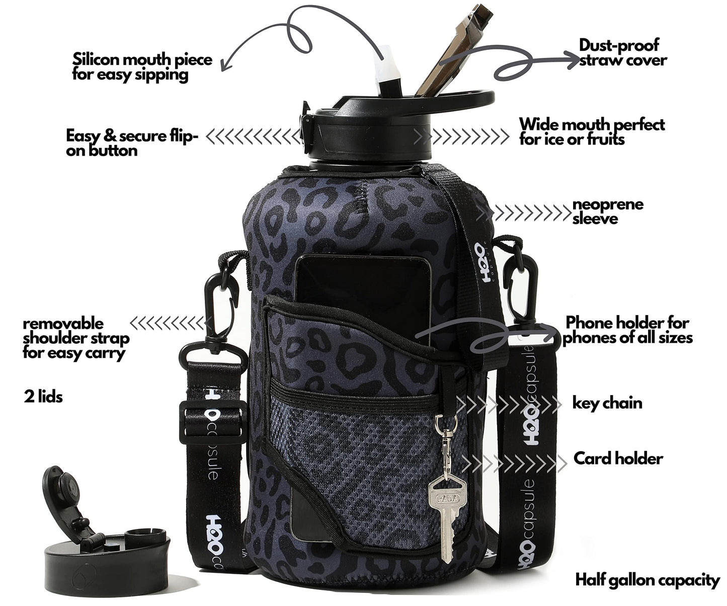 H2O Capsule 2.2L Half Gallon Water Bottle with Storage Sleeve and Removable Straw – BPA Free Large Reusable Drink Container with Handle - Big Sports Jug, 2.2 Liter (74 Ounce), Cowbell