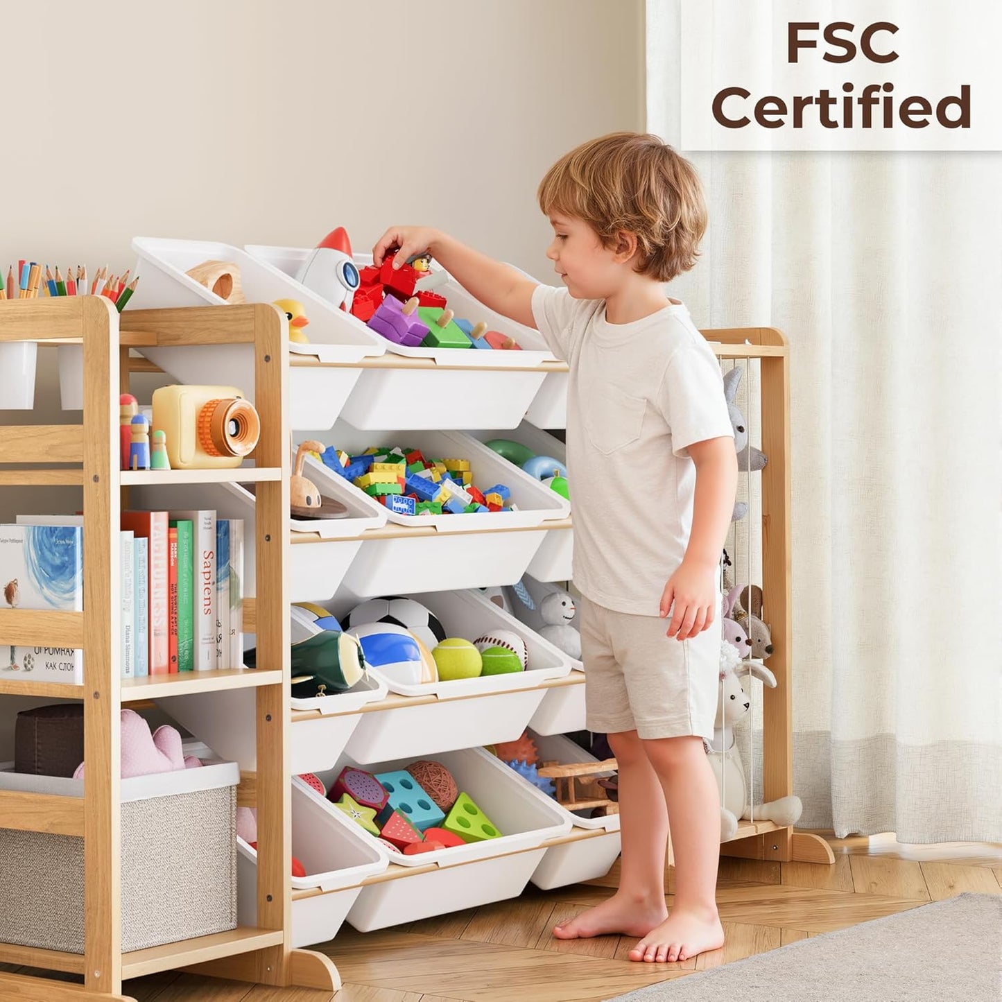 Toy Storage Organizer by [Brand Name] - Kids Playroom Bookshelf with 12 Bins & Stuffed Animal Storage | Ideal for Nursery & Toddler Rooms