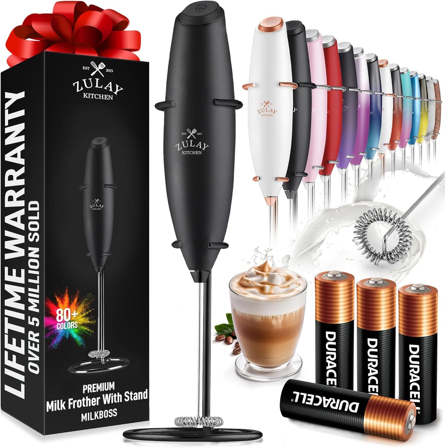 Zulay Kitchen Milk Frother Wand - Ultra Fast Handheld Electric Whisk for Coffee & Lattes - Executive Black