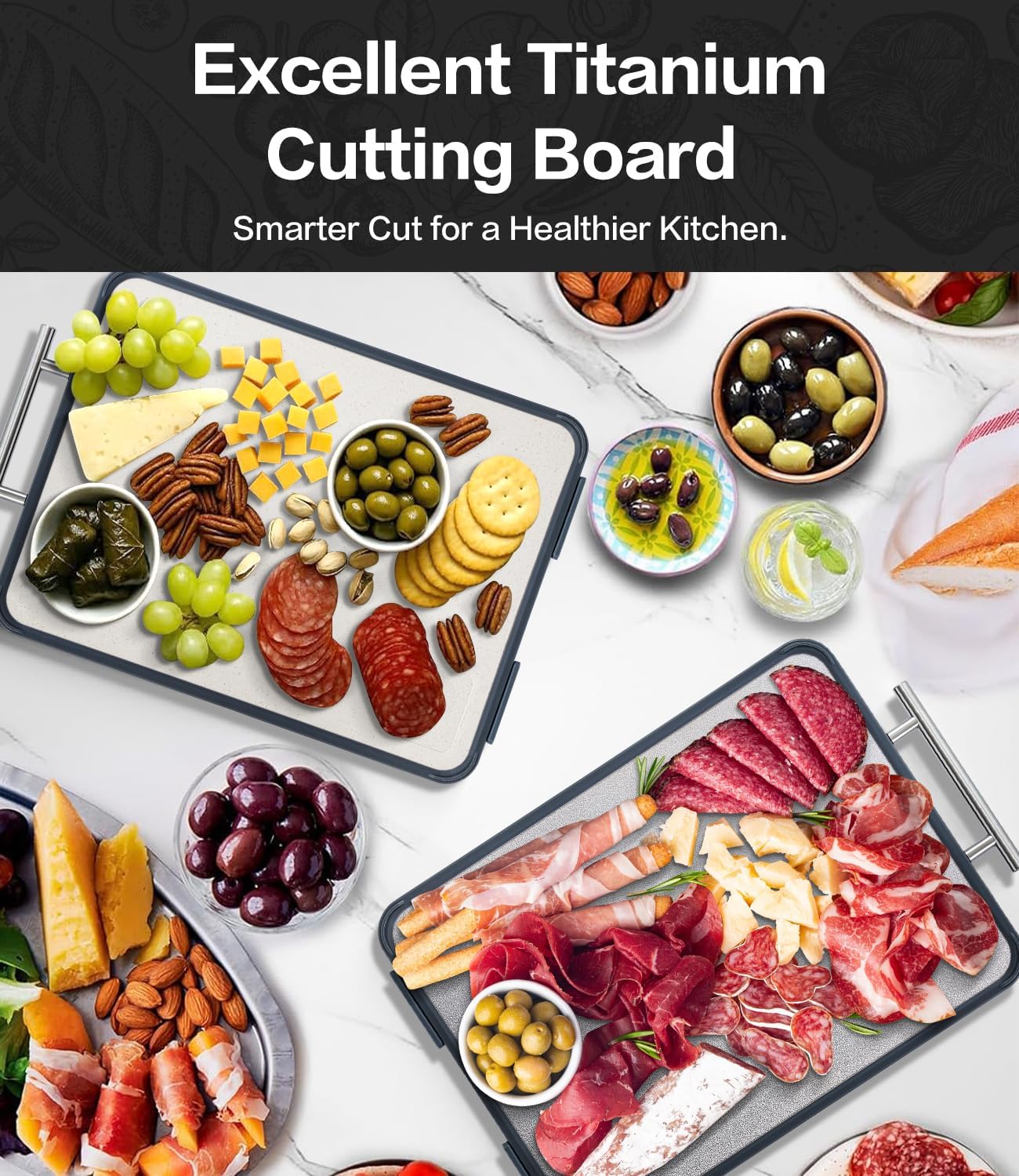 Titanium Cutting Board - Double-Sided Food-Grade Board with Stand | Textured Titanium for Meat, PP for Veggies (14.5”×11”)
