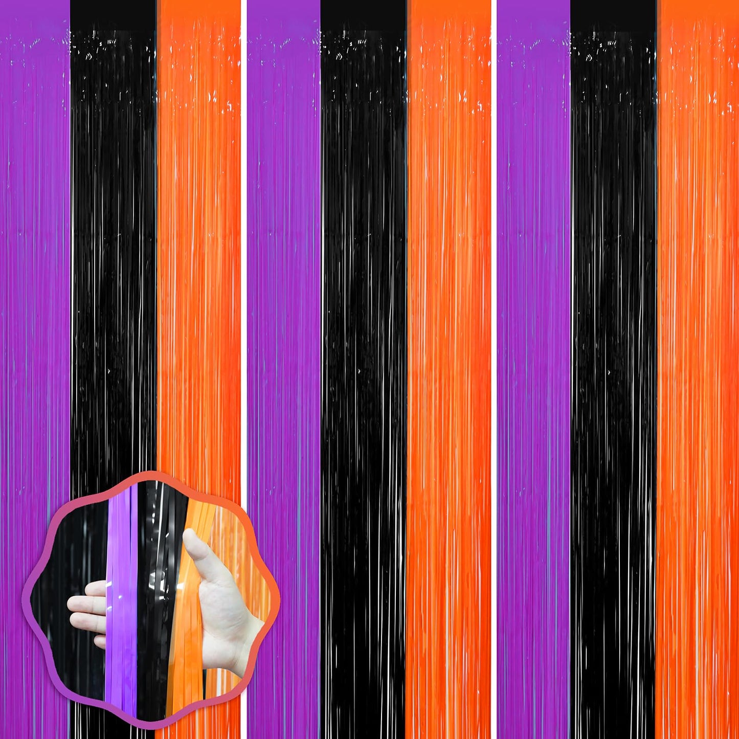 Voircoloria 3 Pack 3.3 x 8.2 ft Halloween Foil Fringe Backdrop Curtains, Tinsel Streamers Party Decorations, Fringe Backdrop