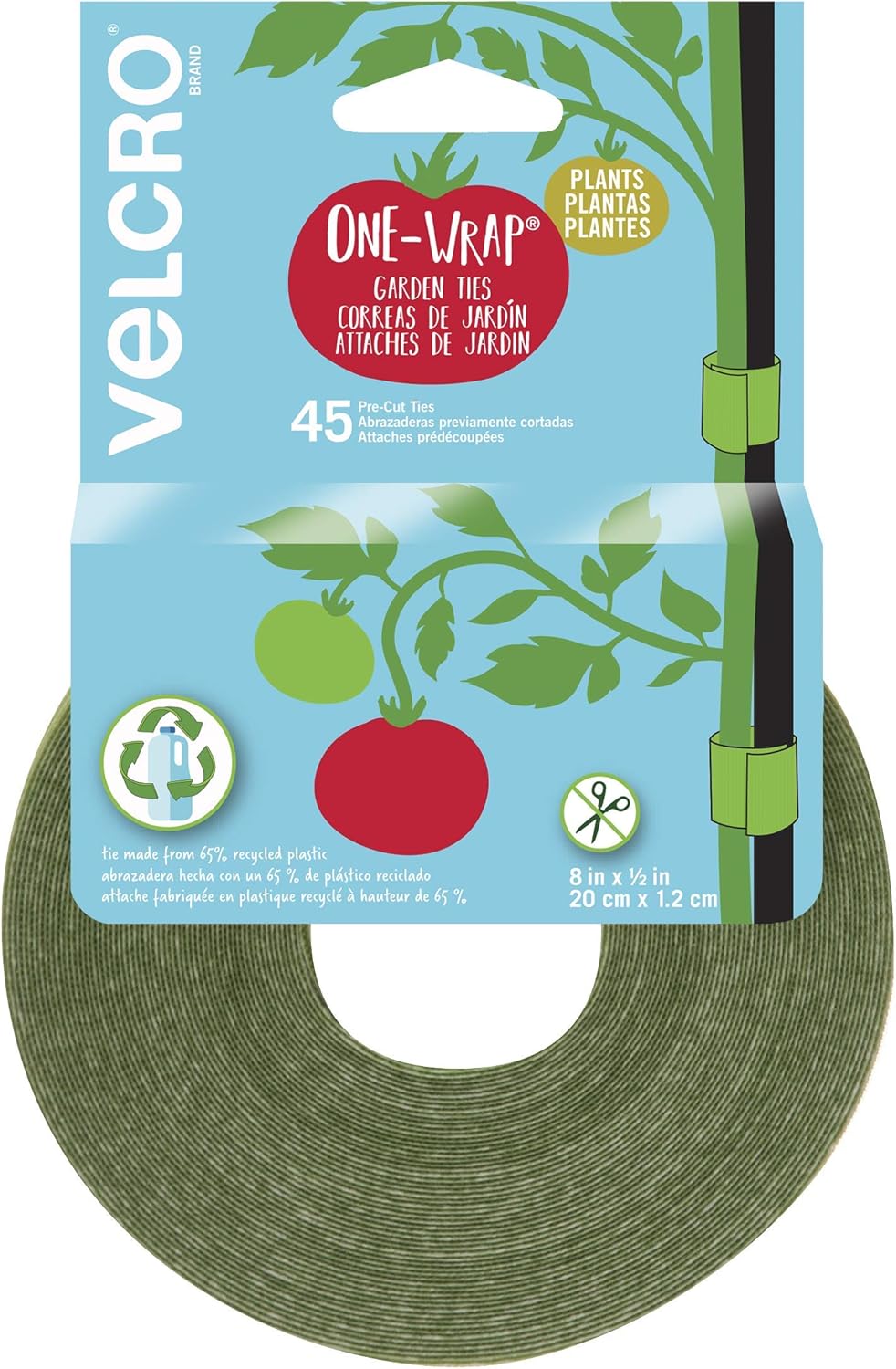Velcro Brand Garden Plant Ties - 45 Pre-Cut One-Wrap Ties for Tomatoes & Flowers | 8" x 1/2", Green Recycled Plastic