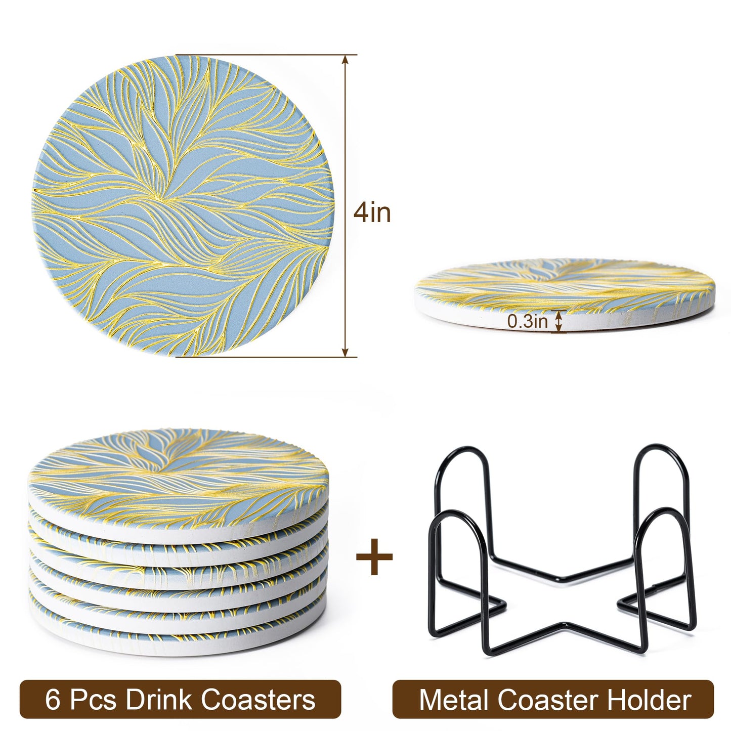 Hoewina 6Pcs Drink Coasters with Holder, Marble Style Ceramic Drink Coaster, Absorbent Coasters Set Suitable for Kinds of Cups, Modern Style Coaster for Coffee Table, 4 Inches（Gilded Relief