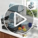 Black Double-Tier Extendable Dish Drying Rack with Drainboard & Utensil Holder