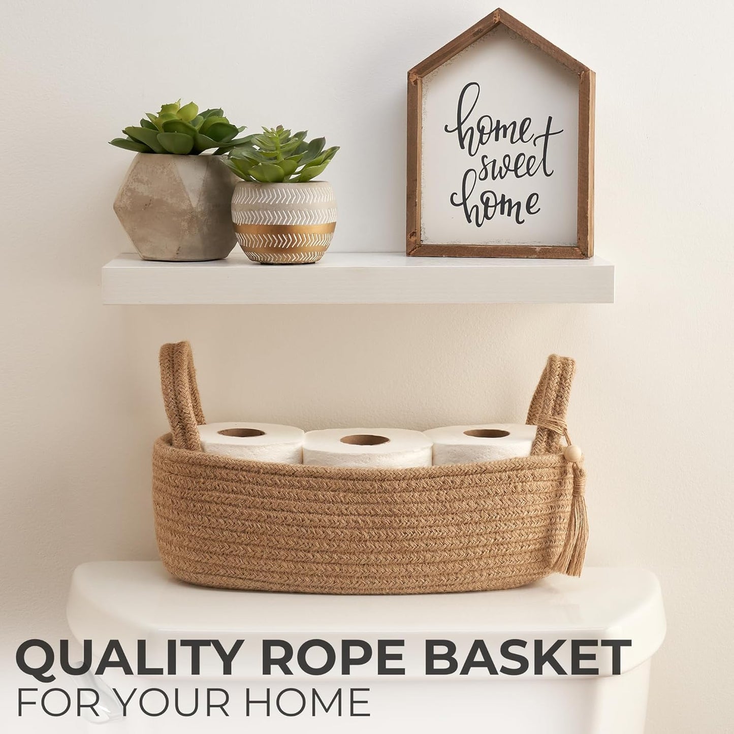 Skiennix Decorative Toilet Paper Basket - Stylish Bathroom Organizer for Toilet Tank Storage | Boho Jute Cotton Rope with Tassel