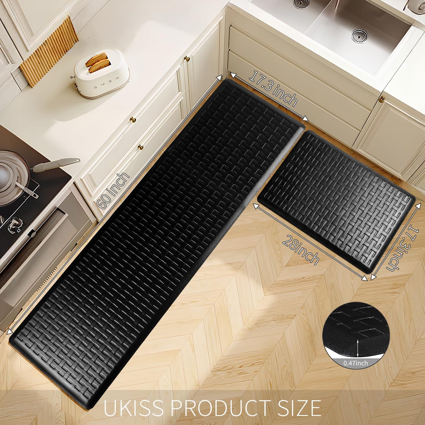 2PCS UKISS Kitchen Rugs, Cushioned Anti Fatigue Kitchen Mats for Floor, Waterproof Kitchen Rug，Non-Slip Comfort Standing Mat for Kitchen (Black, 17.3"x28"+17.3"x60")