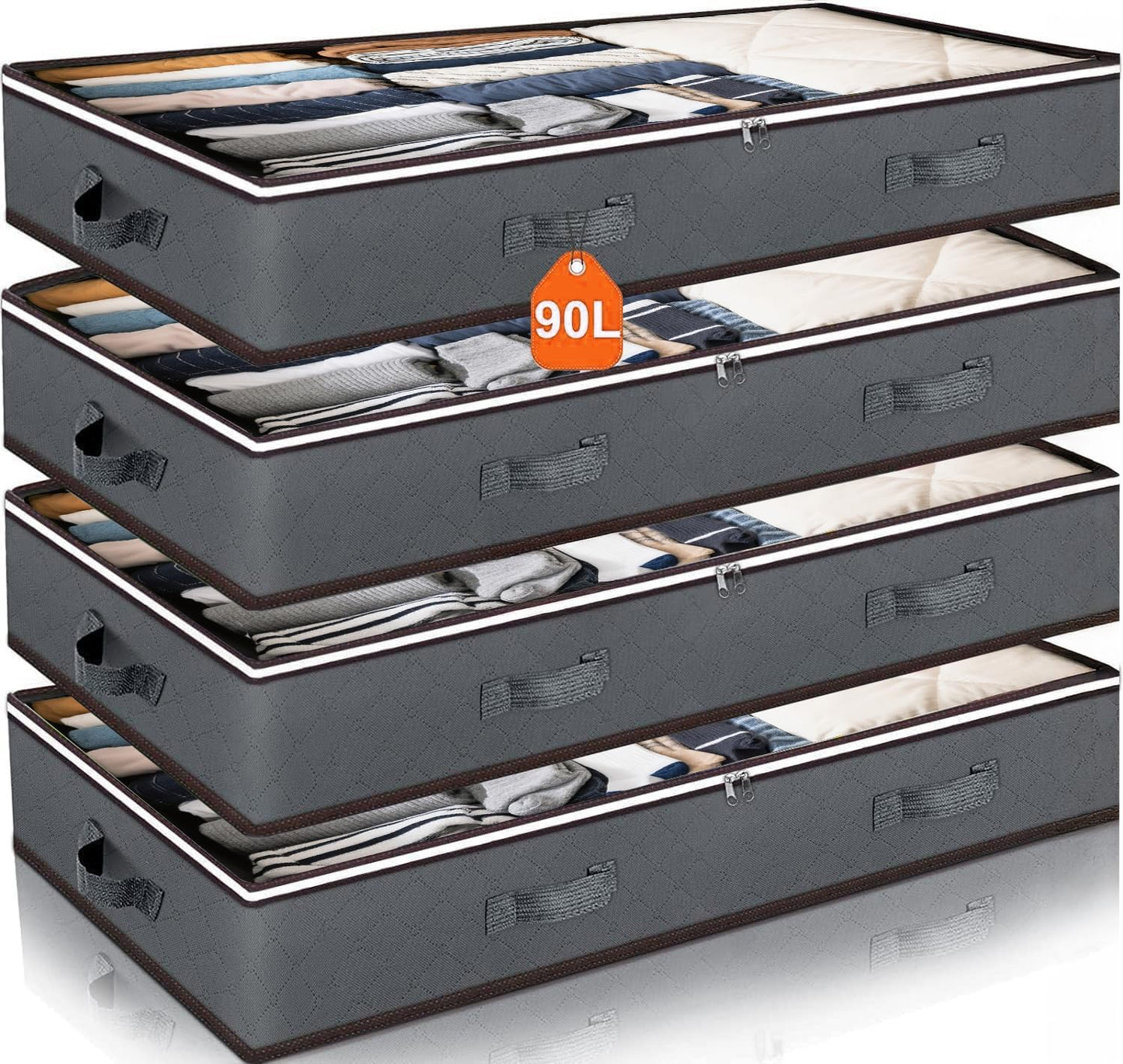 90L Under Bed Storage Containers by [Brand Name] - Foldable Organizers for Blankets, Towels & More | Grey, 4 Pack