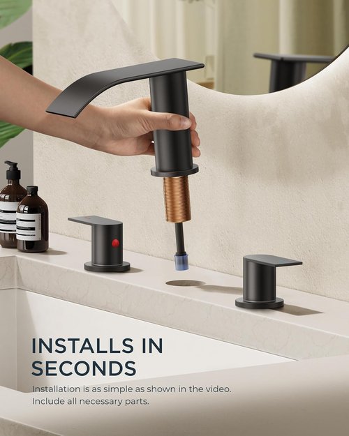 FORIOUS Black Square Bathroom Faucet - Waterfall Design with Metal Pop-Up Drain & Two Handles for Vanity