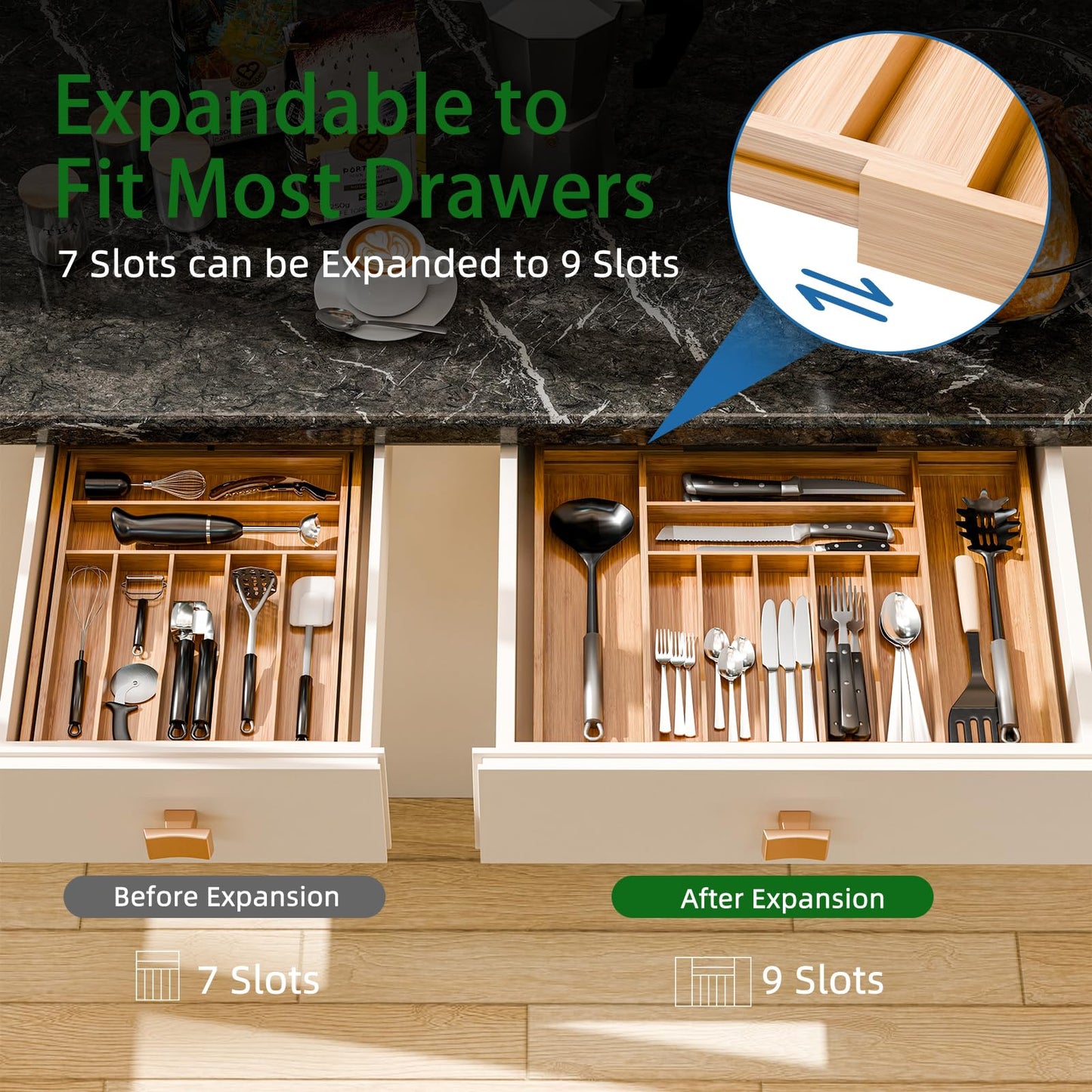 Simple Trending Bamboo Kitchen Drawer Organizer, Expandable Silverware Organizer, Utensil Cutlery Tray for Flatware, Natural