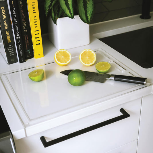 DIAMONDSLICE Clear Acrylic Cutting Board for Countertop (18x14 inches) with Food Scraper | Multipurpose Large Counter Cutting Boards & Serving Platter for Kitchen - Essential Kitchen Decor Gifts
