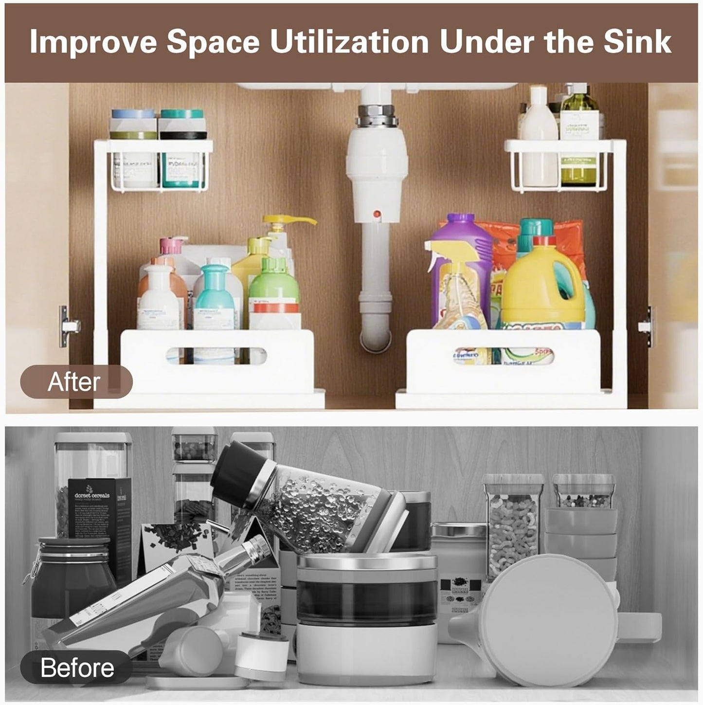 VUSIGN 2-Tier Under Sink Organizer - Slide-Out Cabinet Storage Shelf | 2 Pack, White