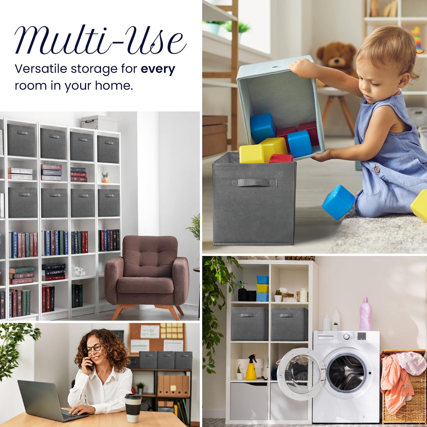 Reli. 13x13x13 Storage Cube Bins (8 Pack) | Large Cube Organizer Bins | 13x13 Fabric Storage Boxes | Fits Kallax | Collapsible, Foldable Fabric Cubby Box (Square) | Kids Room Organization (Dark Gray)