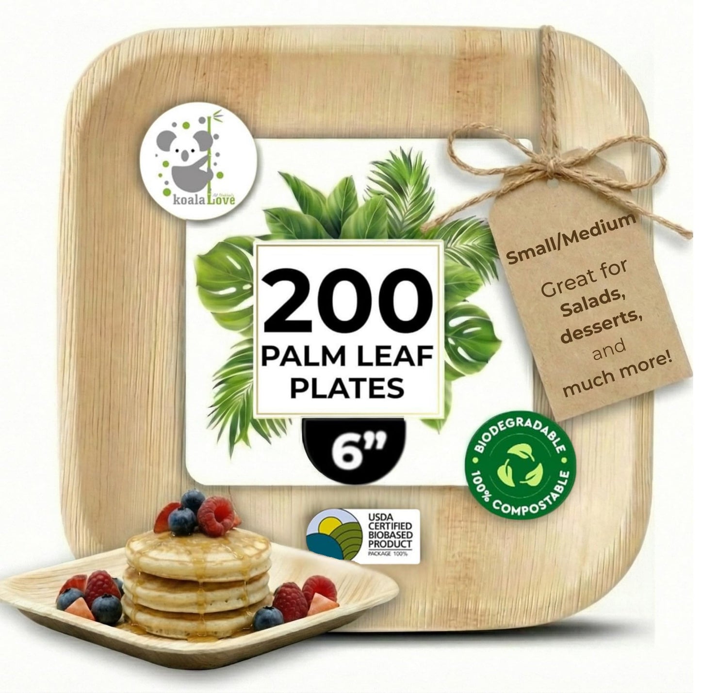 Palm Leaf Plate Bamboo Paper Disposable 6 Inch 200 Bulk Appetizer and Dessert Square Party Pack Eco Biodegradable Compostable Wooden Plate Better Than Plastic By KoalaLove