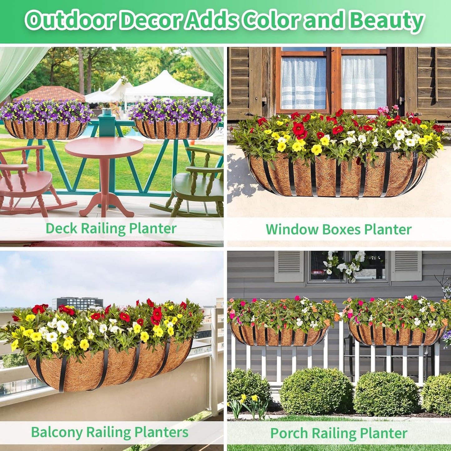 Legigo 16-Inch Window Box Planters - Durable Metal Railing Planters with Coconut Liners | 2-Pack for Outdoor Use