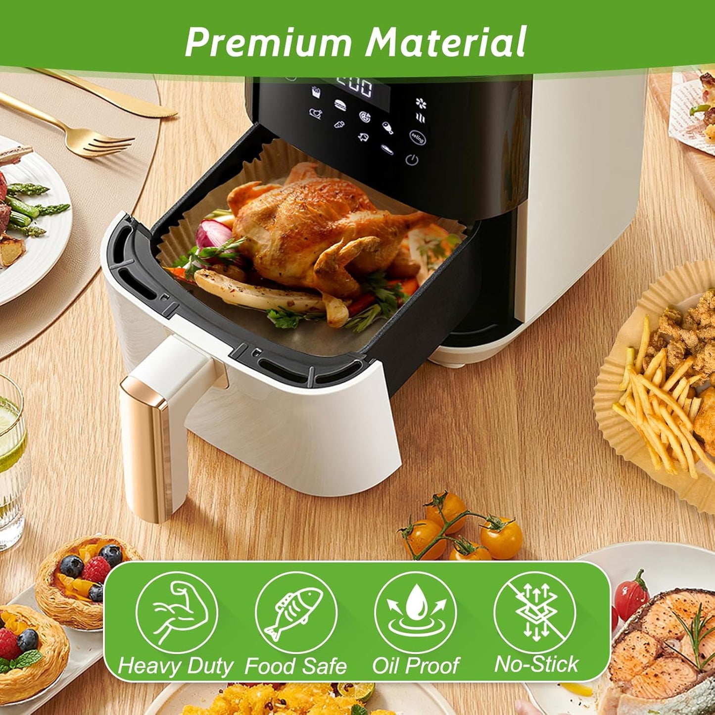 Skiennix 360 Pcs Heavy-Duty Air Fryer Paper Liners - Non-Stick & Leak-Proof 8” Square Parchment