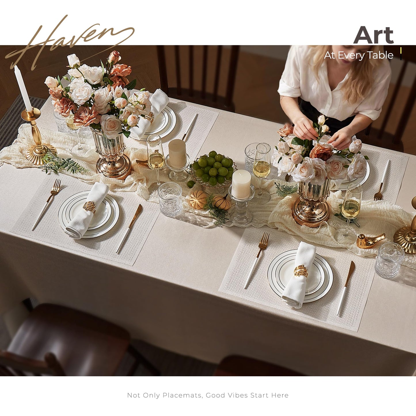 Leetaltree Sparkling Translucent White Sequin Woven Vinyl Placemats, Set of 6 - Waterproof & Washable Dining Table Mats for Wedding, Anniversary, Daily Use, Hand-Cut