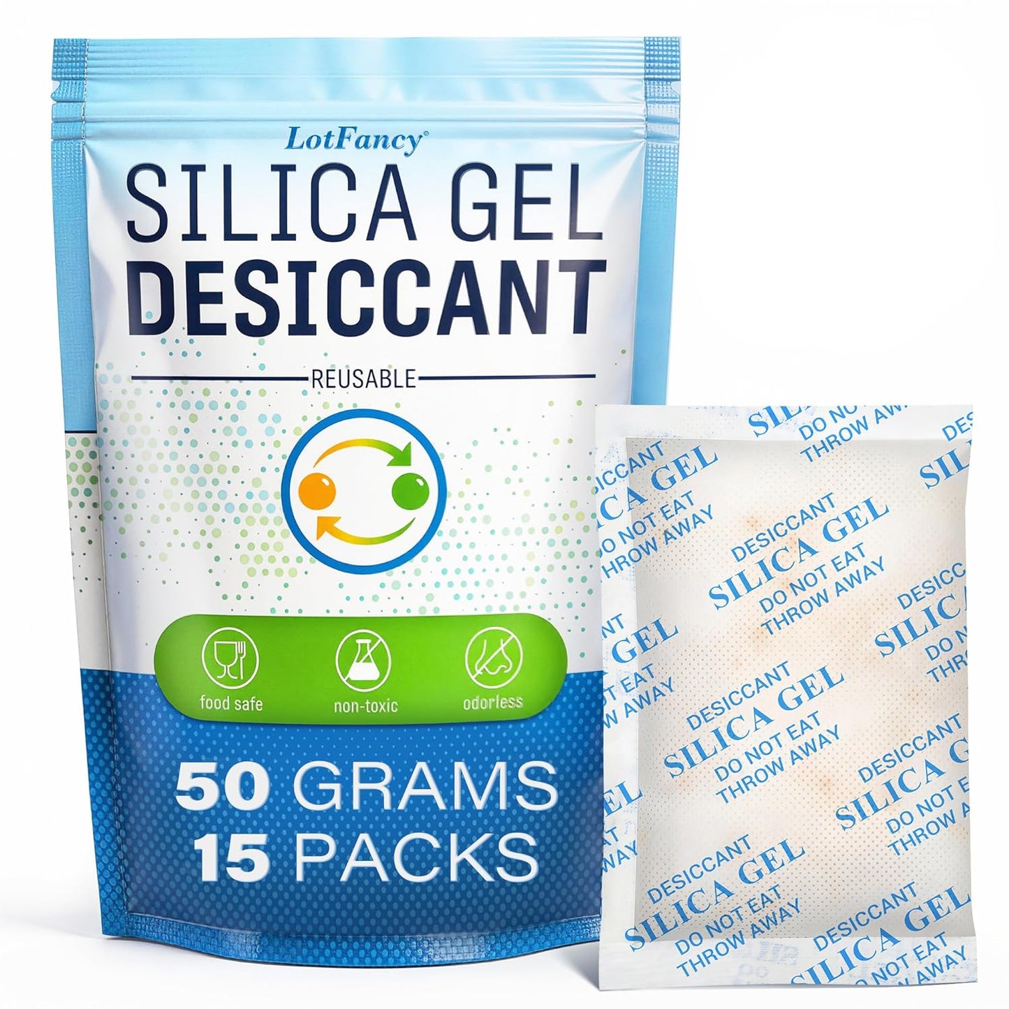 LotFancy Silica Gel Packets - Rechargeable Moisture Absorbers with Color Indicator | 50g, 15 Pack for Electronics & Gun Safe