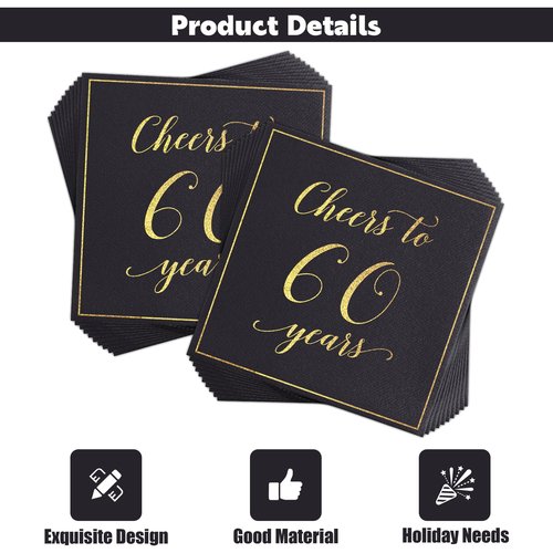 Heyiminy 20 Pack Cheers to 60 Years Napkins, Black and Gold 60th Birthday Napkins, 13 * 13 Inch Disposable Paper Cocktail Dinner Napkins for Birthday Wedding Anniversary Party Decorations (60 Years)