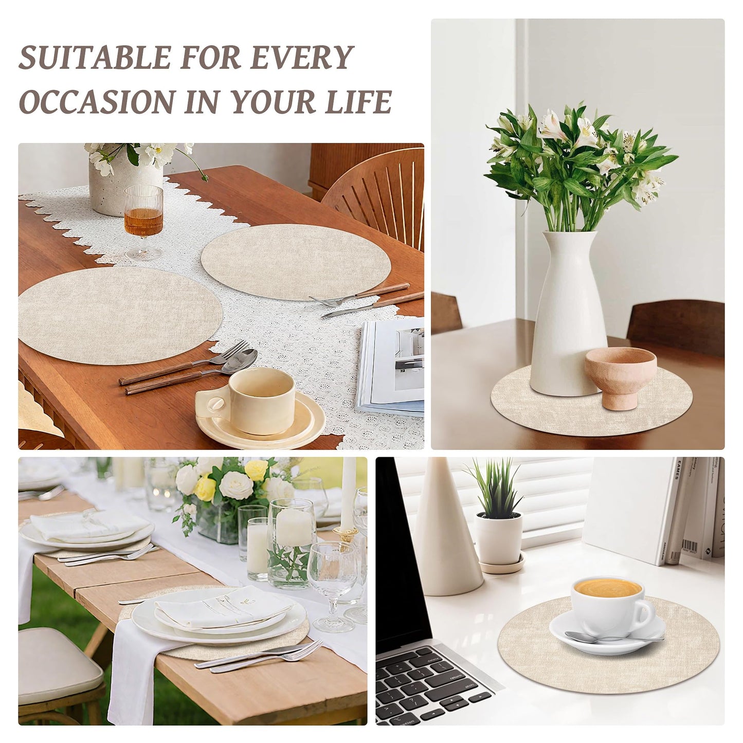 13" Round Placemats Set of 6, Reversible Faux Leather Heat Resistant Table Mats, 100% Waterproof Oilproof Wipeable Table Protective Placemats for Vinyl, Washable for Indoor & Outdoor Use (6, Beige)