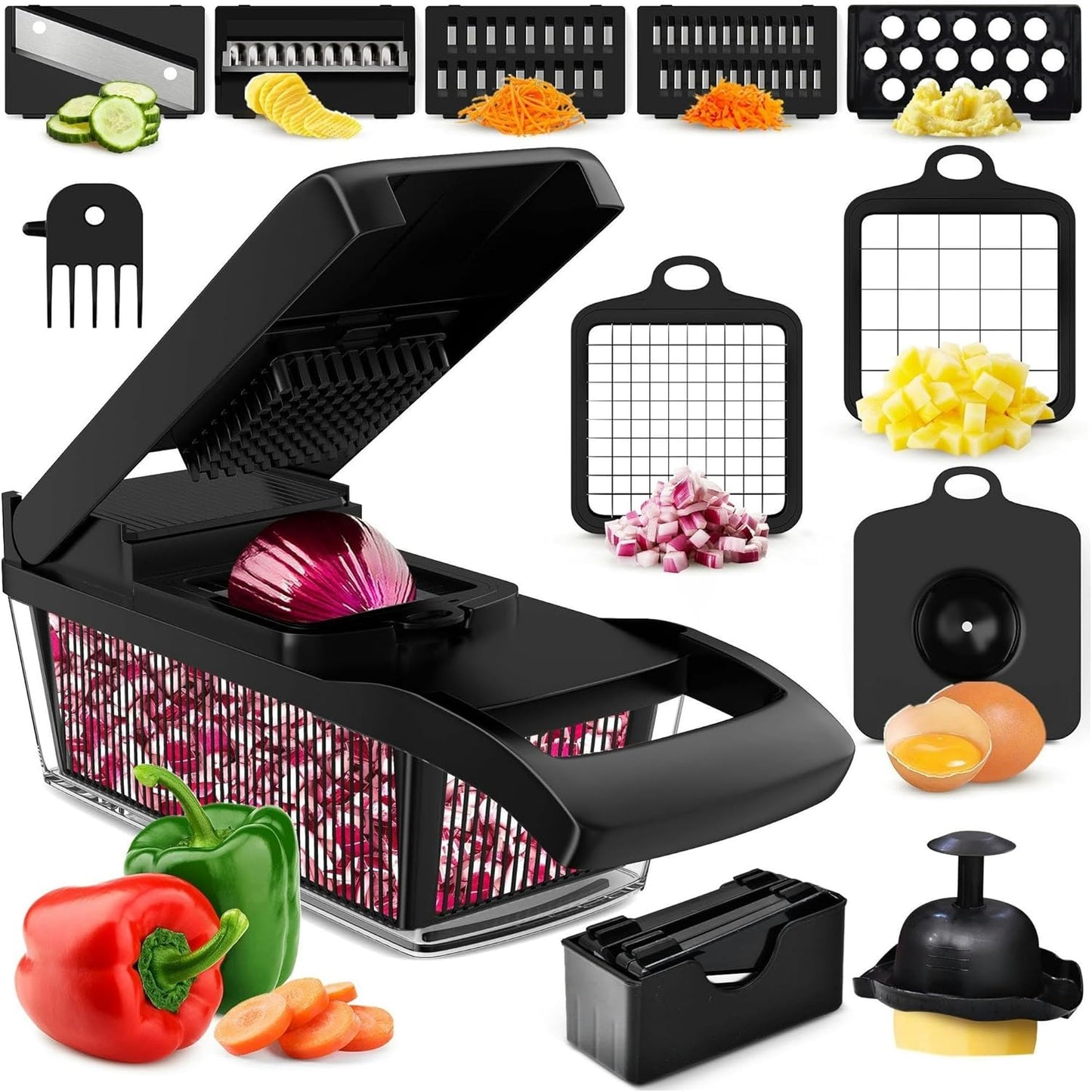 PrepNaturals Vegetable Chopper - 8-in-1 Food & Onion Chopper with Container | Versatile Mandoline Slicer in Black