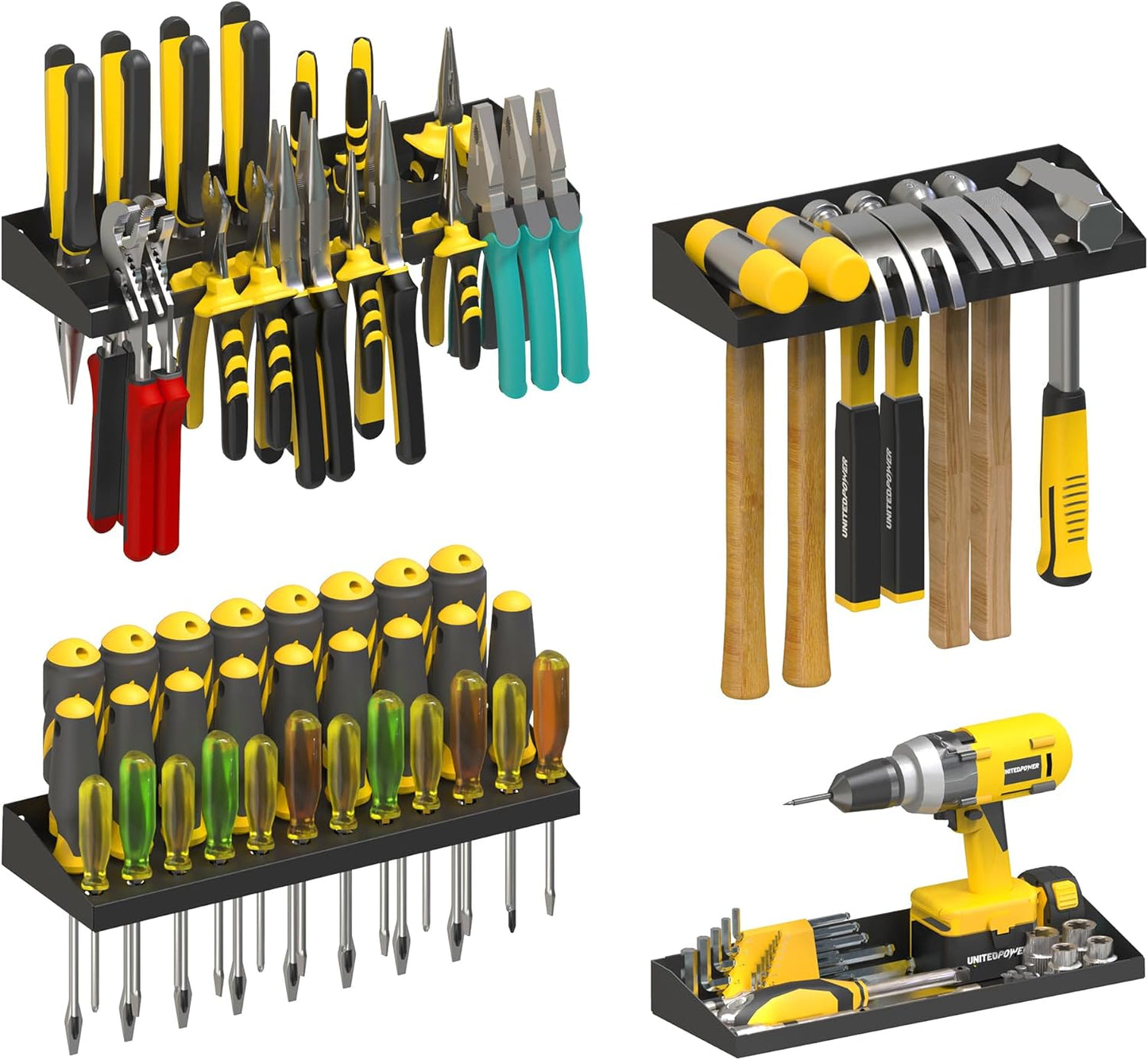 UNITEDPOWER Hand Tool Storage Set - Wall Mount Screwdriver Organizer & Pliers Holder | 4 Pack Metal Hardware Tray for Garage
