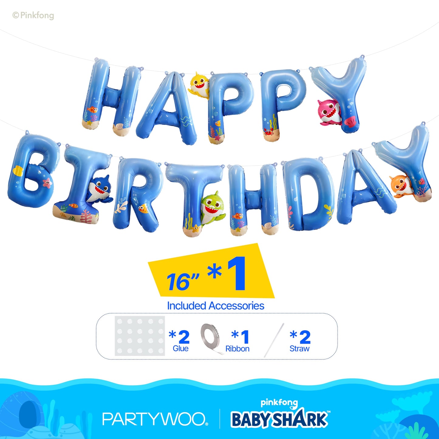 PartyWoo Baby Shark Blue Happy Birthday Banner Letter Balloons 16 Inch Blue Mylar Foil Letter Balloons for Boys and Girls Baby Shark Under the Sea Ocean Theme Kids Birthday Party Decorations