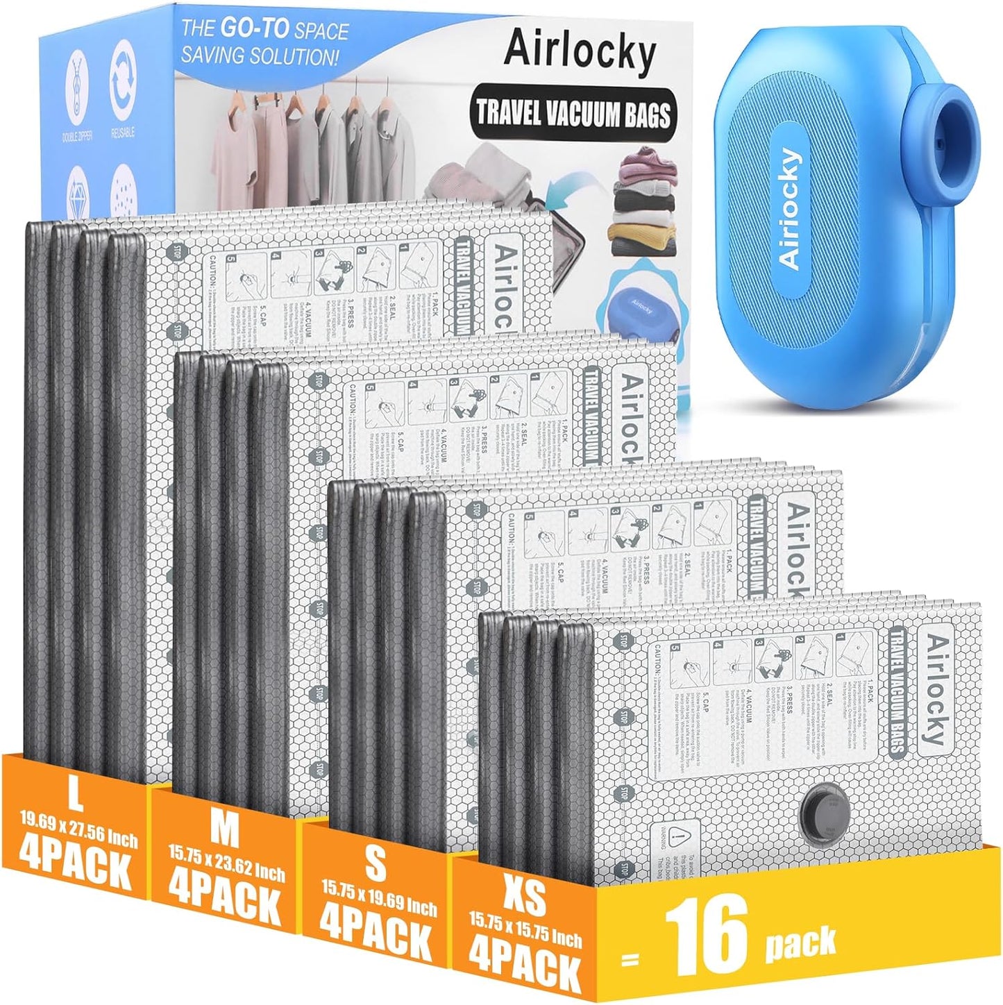 Skiennix Travel Vacuum Storage Bags - 16 Pack Compression Packing Bags with Portable Electric Pump | 80% Space Saver for Luggage