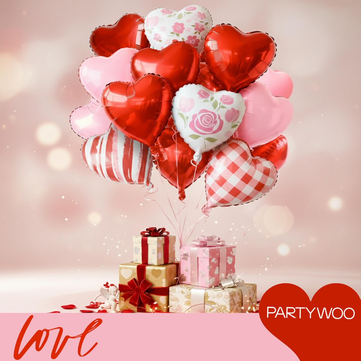 PartyWoo Valentine's Balloons 15pcs 18 Inch Pink Red and White Foil Heart Balloons Set for Romantic Valentine's Day Galentine's Day Wedding Anniversary Engagement Bridal Shower Party Decorations