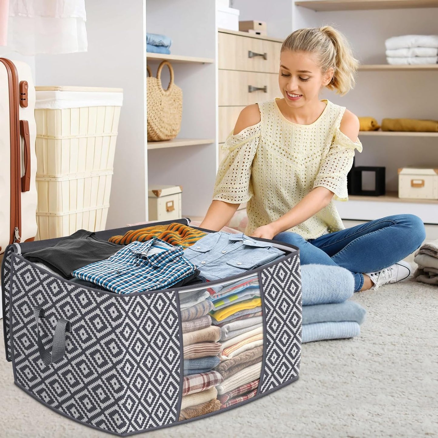 StorageTastic 100L Storage Containers - Large Foldable Bins with Clear Window & Reinforced Handle | Grey, 3 Pack