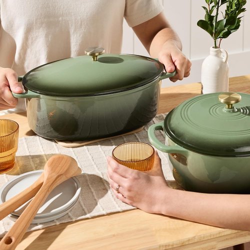 Best Choice Products Oval 7.5 Quart Enamel Cast-Iron Dutch Oven - Heavy-Duty Pre-Seasoned Cooking with Side Handles | Deep Olive Green