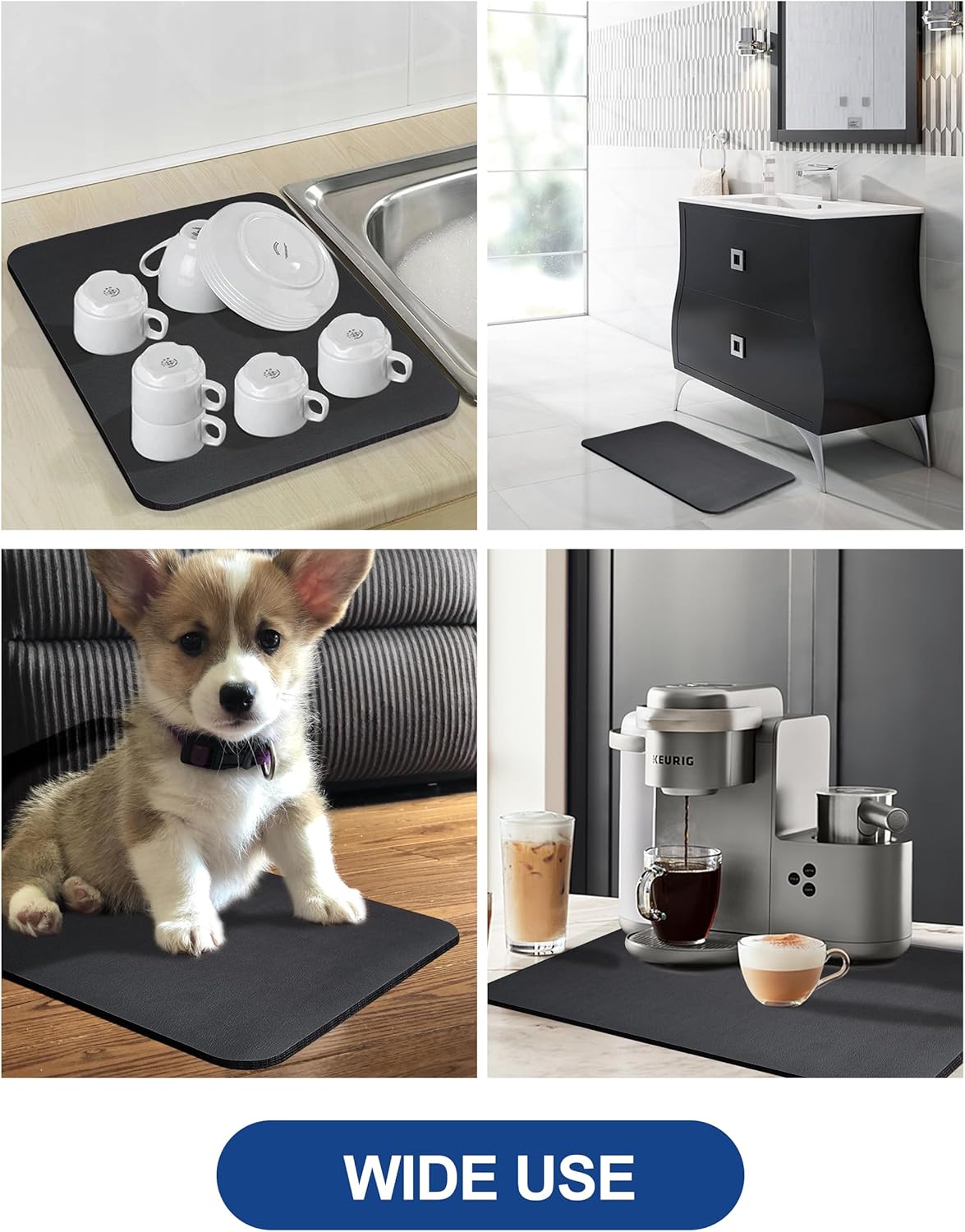 Skiennix Dish Drying Mat - Non-Slip Rubber Backed, Stain Resistant, 12"x19" - Ideal for Kitchen Counter (Black)