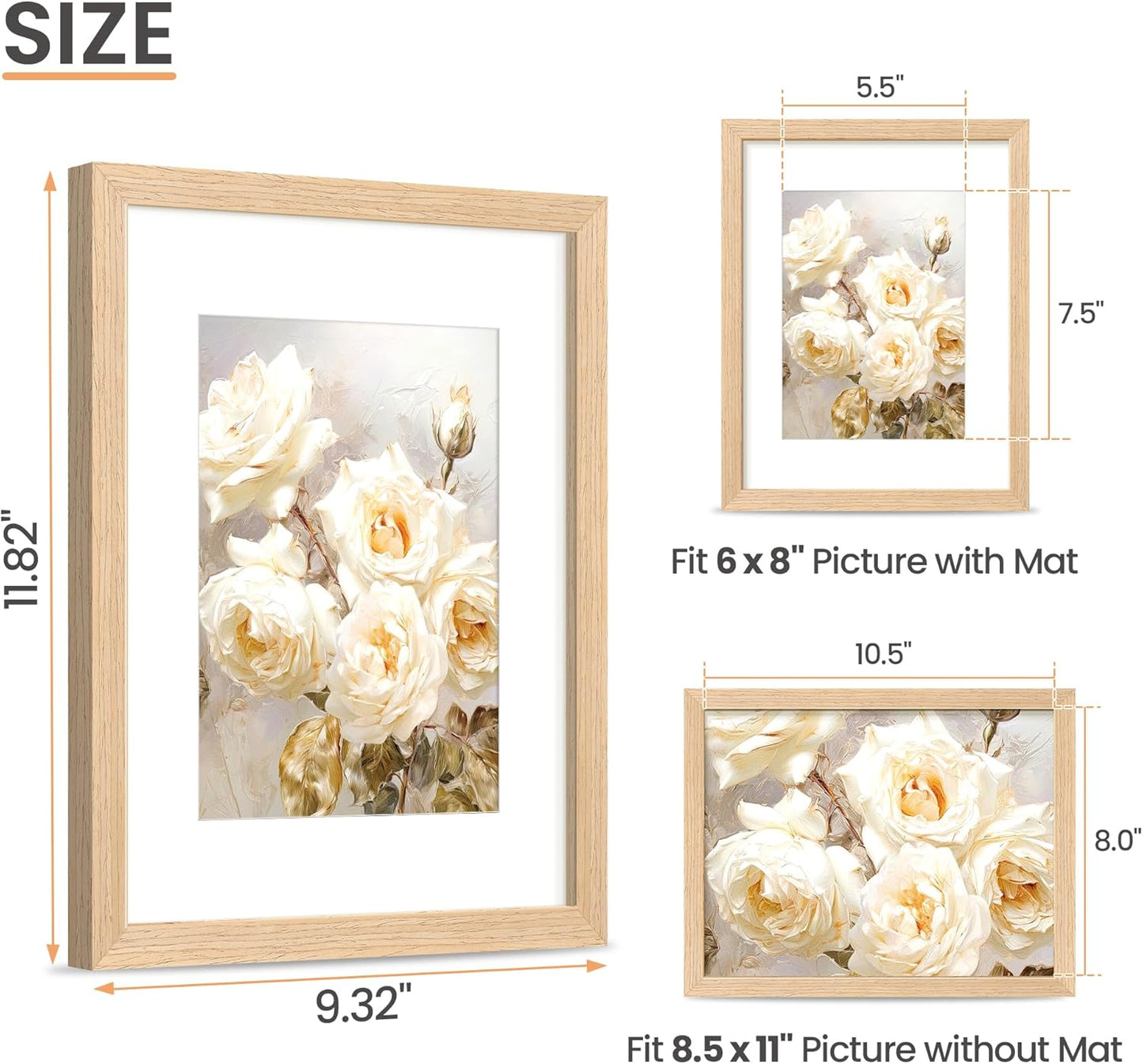 Upsimples 8.5x11 Picture Frame - Natural Solid Wood for Wall or Tabletop Display, 1 Pack
