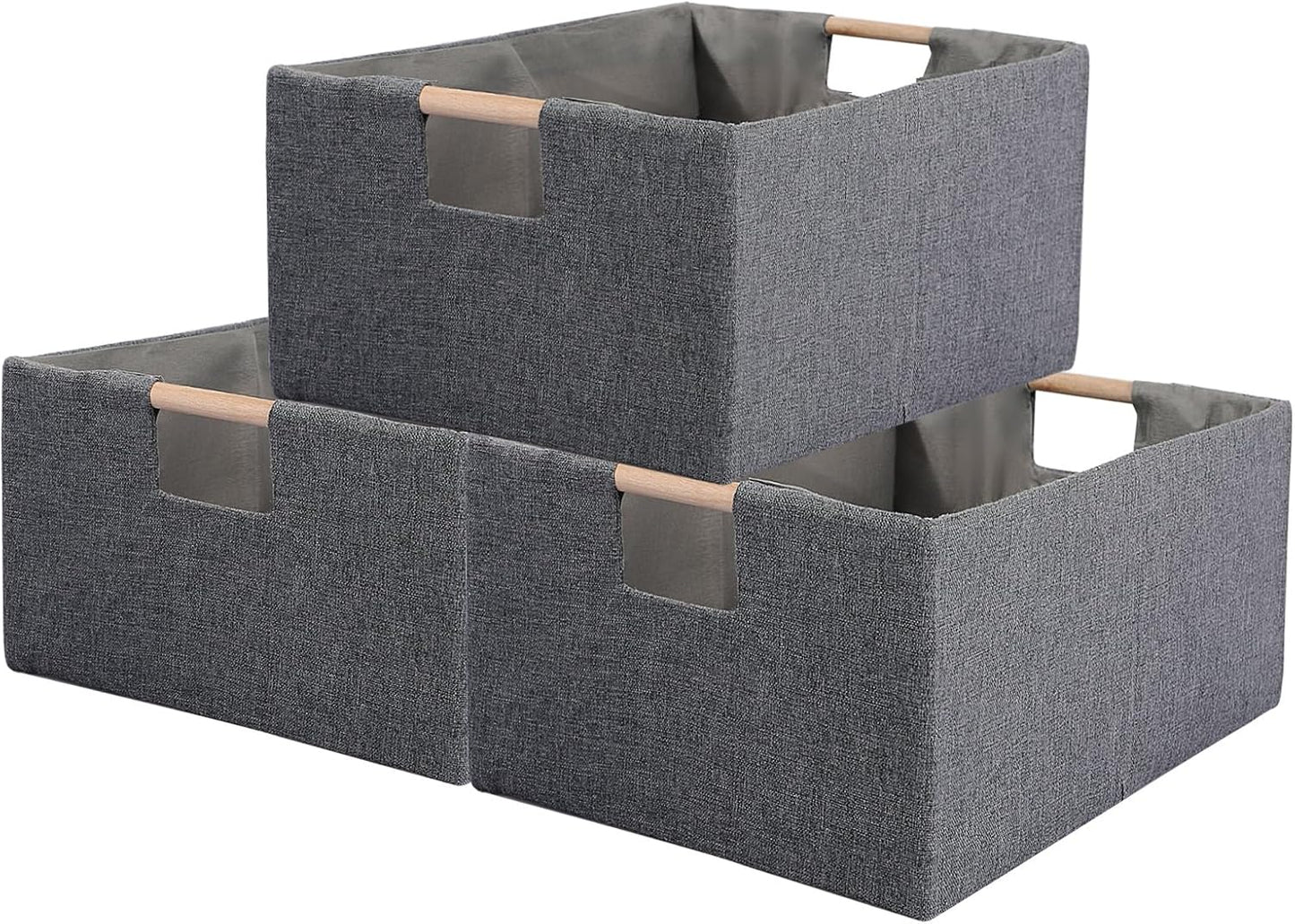 Skiennix Fabric Storage Bins - Foldable Cotton Linen Baskets with Wooden Handles | Gray, Small, 3-Pack