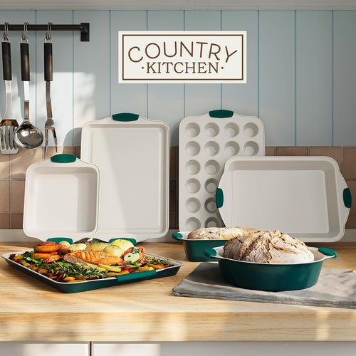 Country Kitchen Nonstick Bakeware Set - Heavy Duty, Easy Release, Stackable Design, Sage, 10 Pcs
