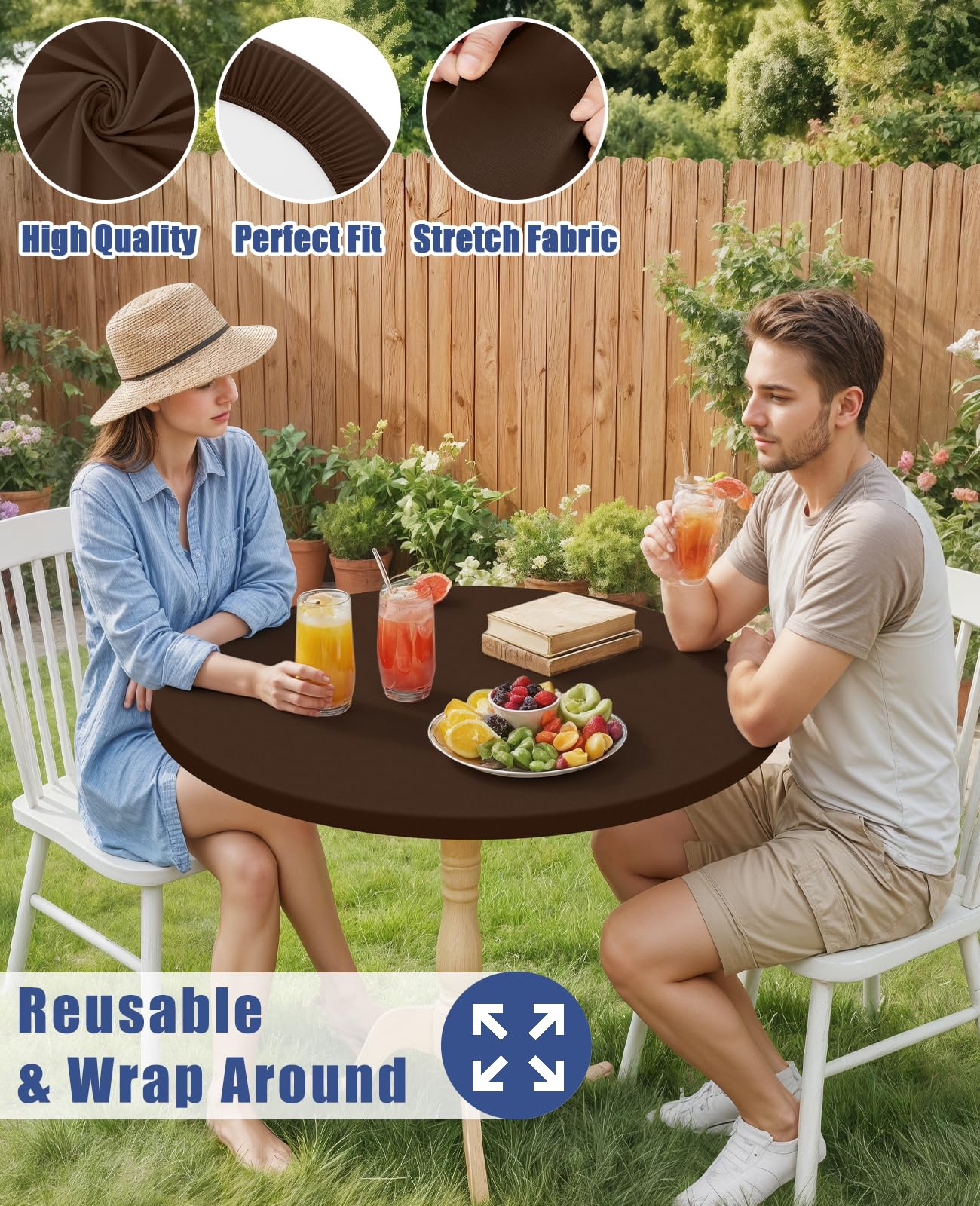 Moosfor Round Spandex Tablecloth, Elastic Fitted Waterproof Tablecloths for 57"-68" Tables, Stretch Washable Picnic Table Cover for Camping, Dining, Indoor and Outdoor, Coffee