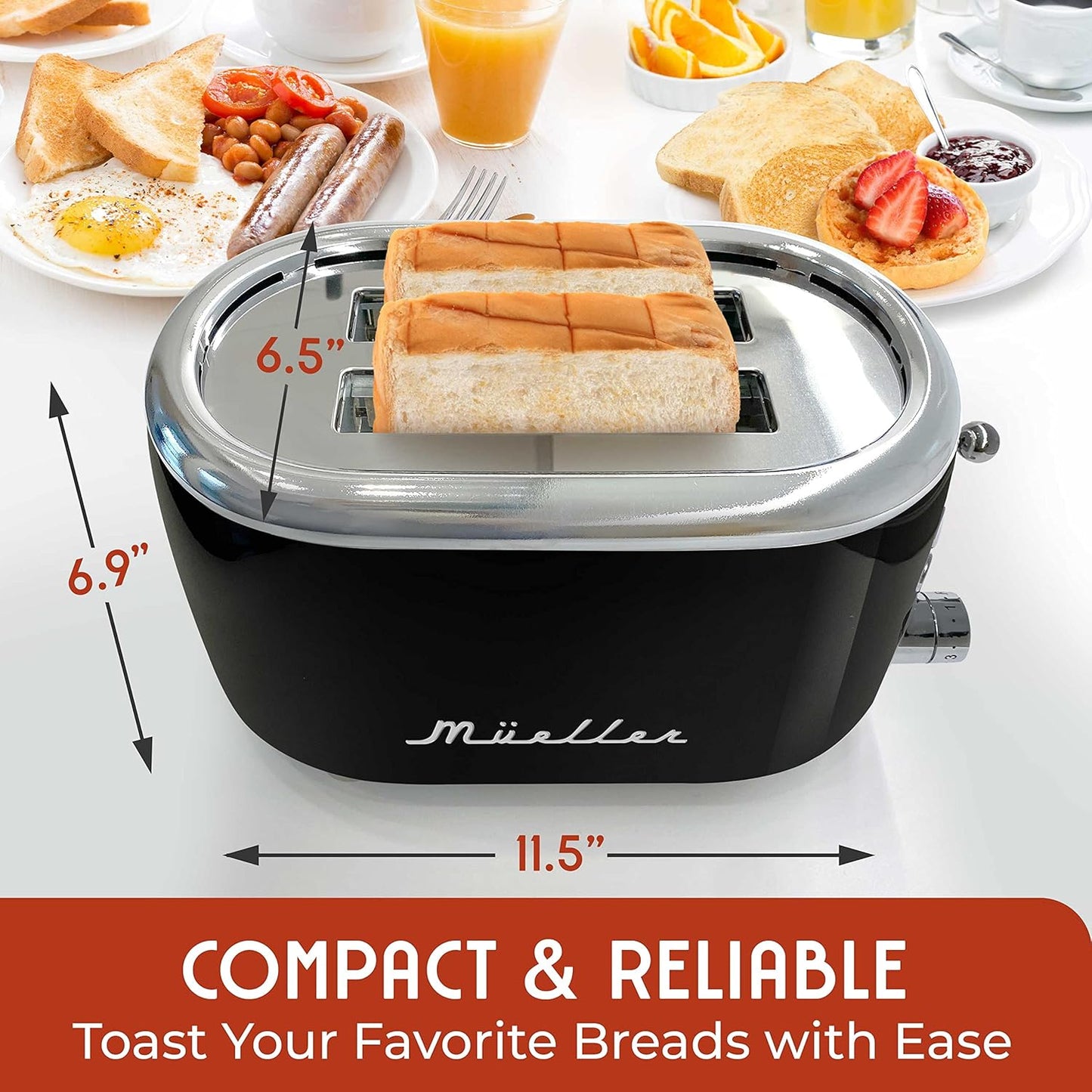 MUELLER HOME Retro 2-Slice Toaster - 7 Browning Levels, Stainless Steel, Black Finish