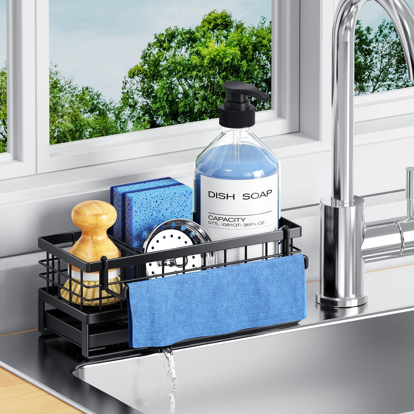 Rustproof Kitchen Sink Sponge Holder - Non-Slip Self-Draining Metal Caddy with Detachable Dish Cloth Holder | Black