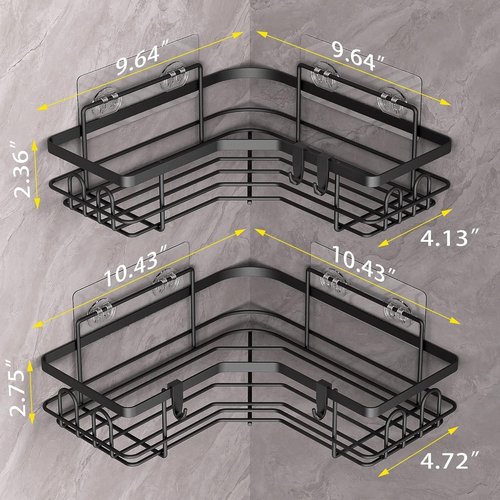 HuggieGems Corner Shower Caddy Organizer - 2 Pack Black Bathroom Shelves with Hooks for Efficient Storage