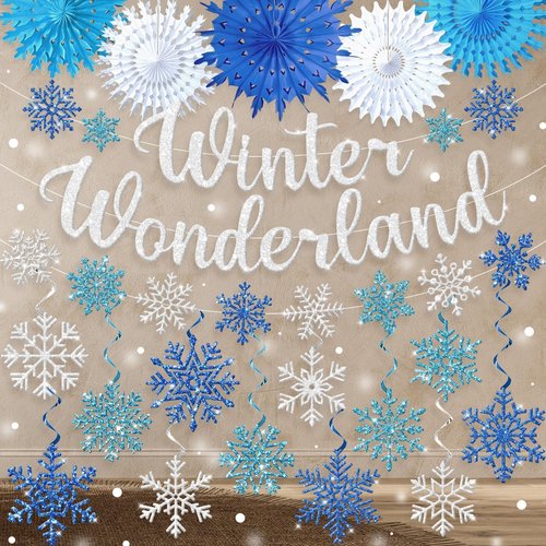 **Winter Wonderland Decorations | Blue Glitter Banner & Snowflake Ornaments for Festive Indoor Decor**