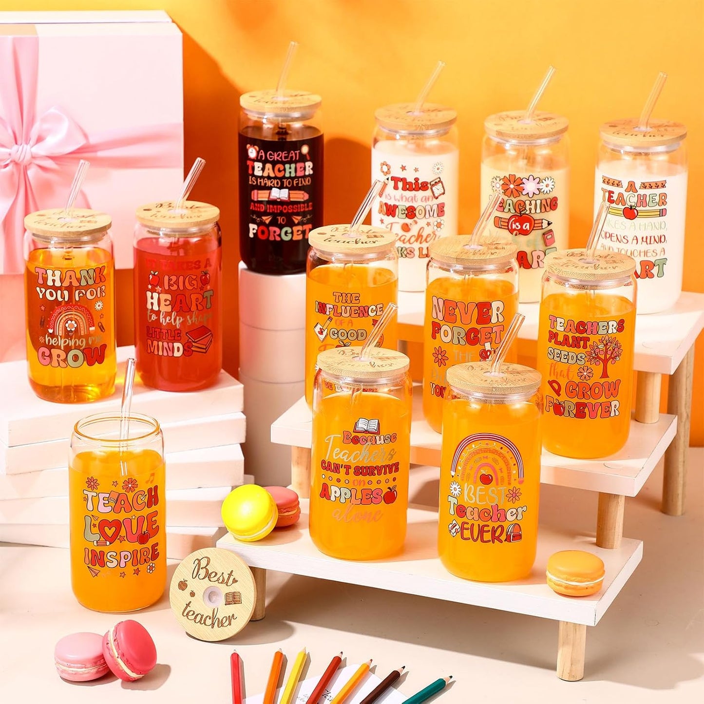Tioncy 12 Pcs Positive Thank You Gifts for Women Appreciation Teacher Nurse Christian Religous Gifts 16oz Glass Cup with Bamboo Lids Straws Coffee Drinking Jars for Coworker