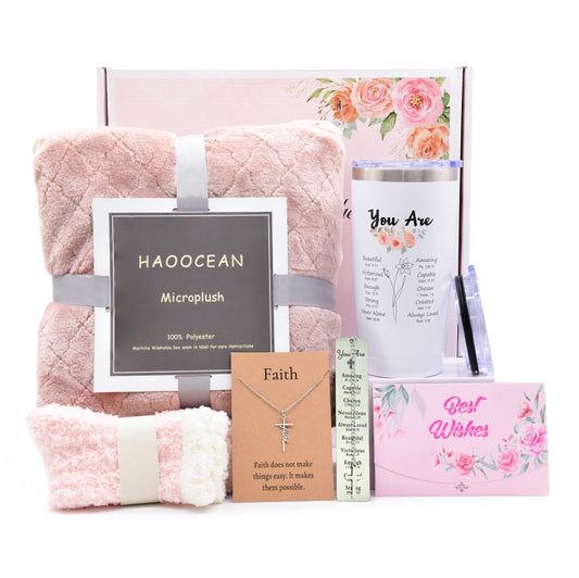 LUDUEIKSW Christian Gifts for Women, Inspirational Religious Gifts Basket, Faith Spiritual Tumbler Throw Blanket Set for Mom Grandma Wife Sister Friends Coworker